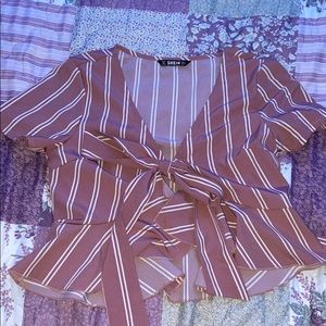 pink and white front tie blouse